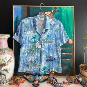 Vintage 90s Hippie Boho Floral Blue Short Sleeve Blouse 8